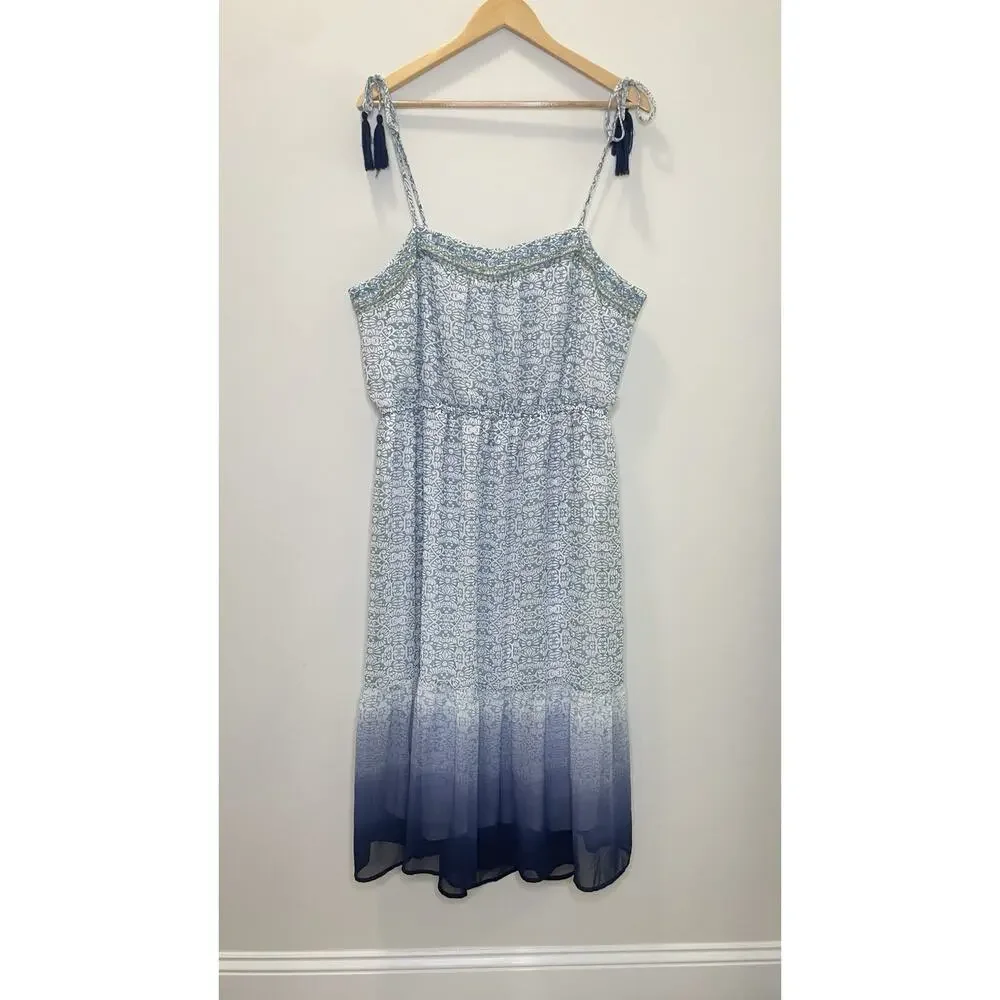 Knox Rose Boho Midi Dress Embroidered Cottage Tassel Tie Shoulder Blue Ombre XXL - Picture 3 of 12